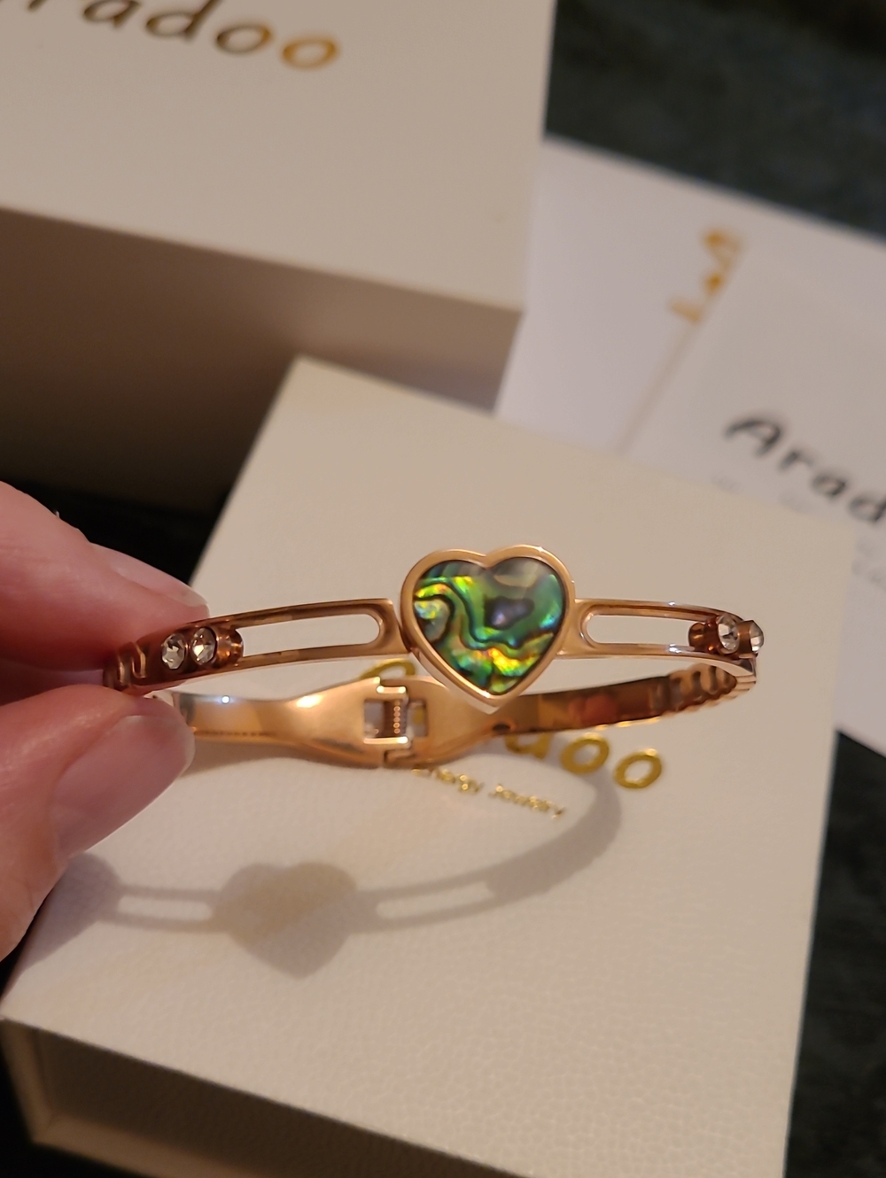 Rose Goldtone Heart Abalone Hinged Bangle With CZ Presentation Gift Bags & Boxes